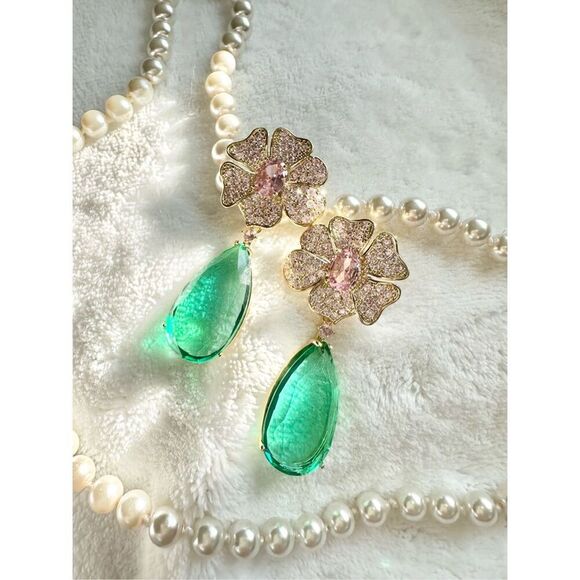 Mint green and light pink teardrop flower cubic zirconia dangle earrings ￼ - Picture 6 of 11